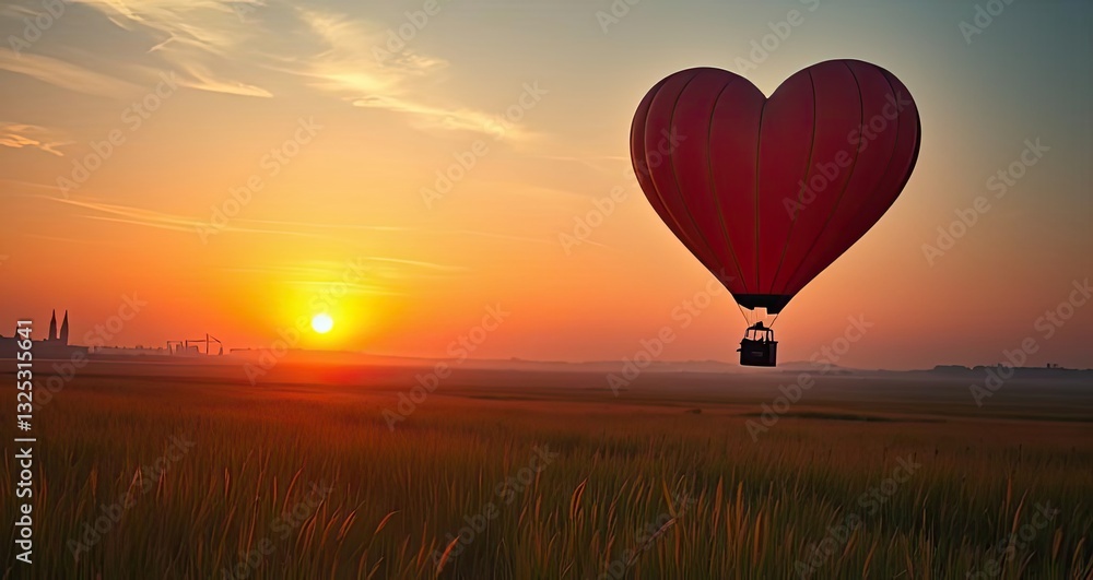 Fototapeta premium Heart Shaped Hot Air Balloon Sunrise Landscape