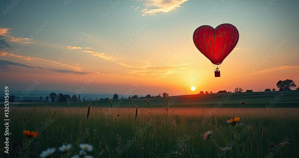 Fototapeta premium Heart Shaped Hot Air Balloon Sunset Flight over Field