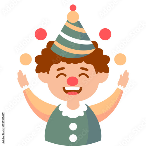 A cartoon clown happily juggling colorful balls with a bright smile.