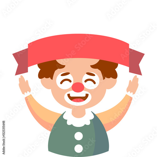 Happy cartoon clown holding a red banner above his head.