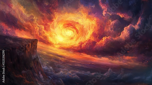 An incredible swirling vortex surrounded by dramatic cloudy skies over ocean