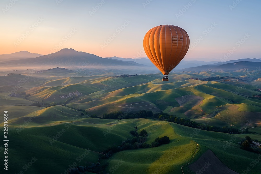 Obraz premium Hot Air Balloon Over Rolling Hills at Sunrise