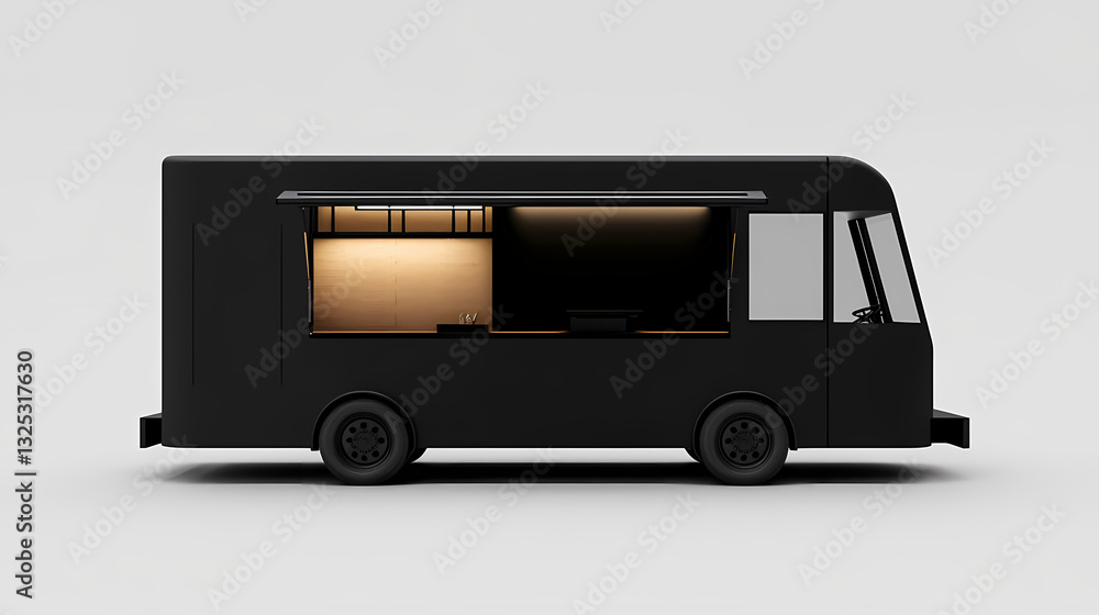 Modern Mobile Eatery: A sleek, black food truck, parked and ready for service, featuring a clean, contemporary design that exudes a sense of culinary anticipation and street food. Modern Mobile Eatery: A sleek, black food truck, parked and ready for service, featuring a clean, contemporary design that exudes a sense of culinary anticipation and street food.