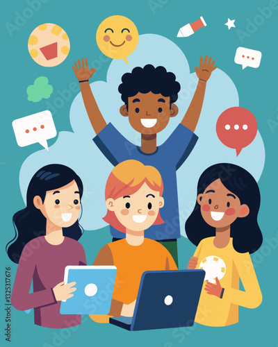 Excited chatter fills the air as teens from different cultures and languages connect in a virtual hackathon united by their love for coding.. Vector illustration