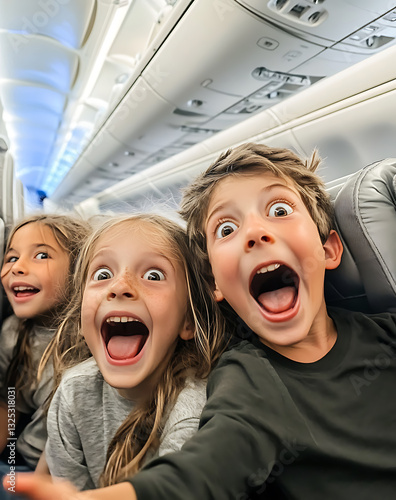 Three children, two girls and boy, sit in airplane aisle, thrilled and elated about trip ahead, joyfully anticipating their adventure, expressions full of excitement