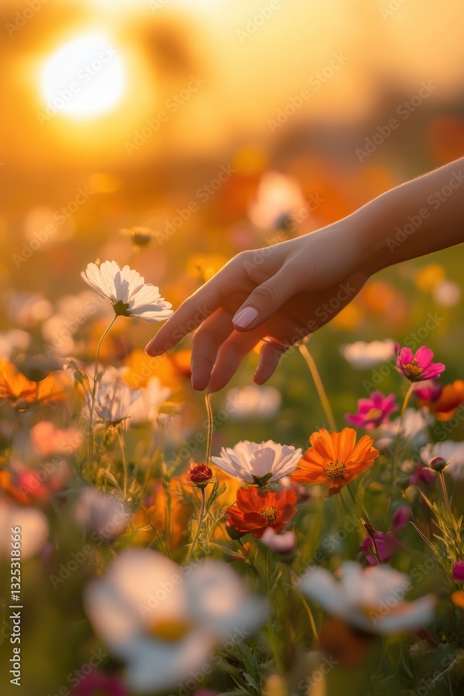 Hand of an elegant female touching flowers in wild flower field in Spring.
