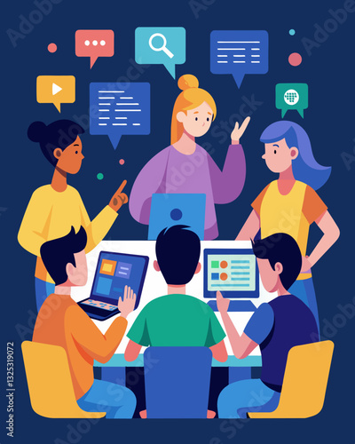 In a virtual breakout room teens eagerly learning new programming skills from expert mentors in the midst of a hackathon challenge.. Vector illustration