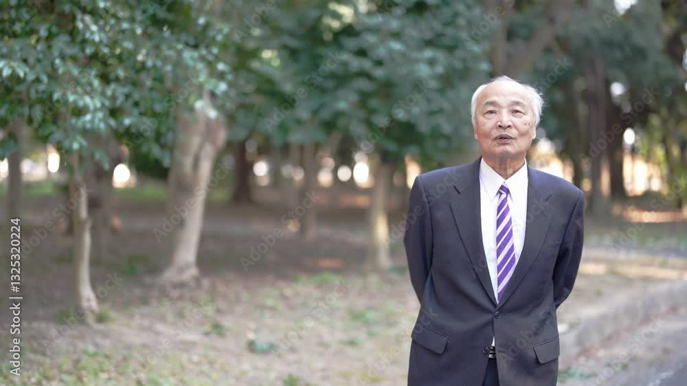 A winter park in Japan. A 78-year-old Japanese man in a suit walks through a natural park filled with trees and looks at the trees. A winter park in Japan. A 78-year-old Japanese man in a suit walks through a natural park filled with trees and looks at the trees.