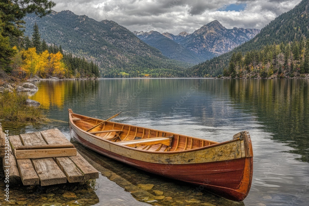 Tranquil Lakeside Canoe Scene. Autumnal colors paint the serene mountain lake, showcasing a wooden canoe resting gently at a rustic dock. Clear water reflects the surrounding peaks and trees Tranquil Lakeside Canoe Scene. Autumnal colors paint the serene mountain lake, showcasing a wooden canoe resting gently at a rustic dock. Clear water reflects the surrounding peaks and trees