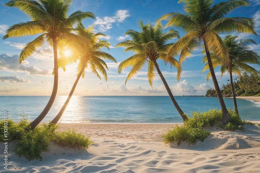 Fototapeta premium Beachfront Paradise Stunning Sunshine and Lush Palm Trees for Your Ultimate Summer Getaway