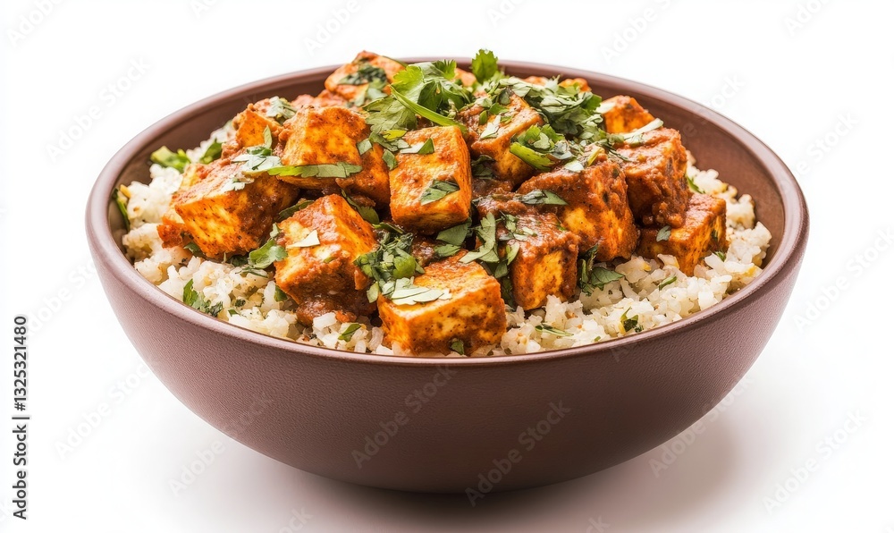 Delicious Spicy Tofu Curry Served on a Bed of Herb-Infused Rice in a Vibrant Bowl, Perfect for a Healthy and Flavorful Meal. Delicious Spicy Tofu Curry Served on a Bed of Herb-Infused Rice in a Vibrant Bowl, Perfect for a Healthy and Flavorful Meal.