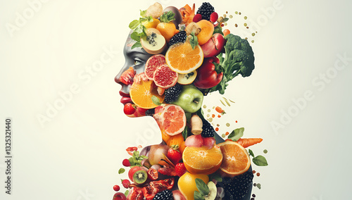 Nutrient Fusion: A captivating artwork showcasing a woman's silhouette artfully composed of an array of colorful fruits and vegetables, promoting health and well-being. 