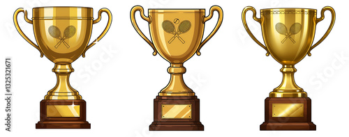 Three Golden Tennis Trophies Ready for Awarding isolated on white or transparent png background