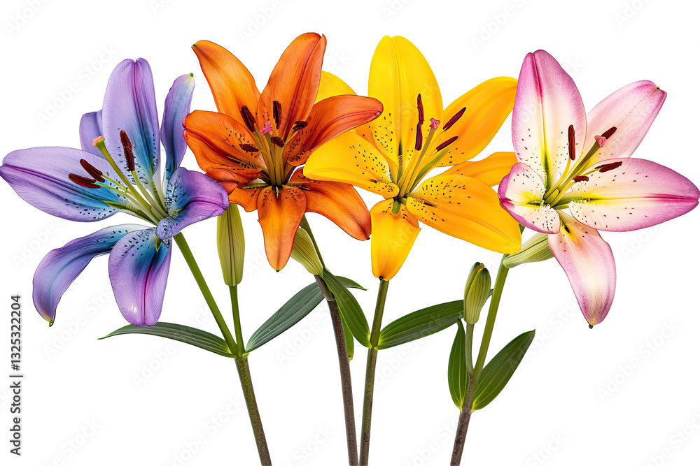 Fototapeta premium Colorful Lilies In Bloom Against A Transparent Backdrop. Floral Beauty On Dark