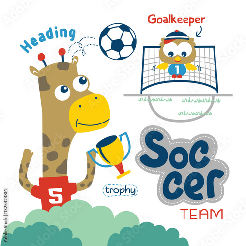 Cute cartoon giraffe soccer player and bird goalkeeper in a fun sports match. Children's sports illustration concept
