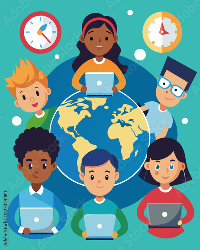 Across the world in different time zones teens are collaborating in a virtual hackathon utilizing technology to bring their vision to life.. Vector illustration