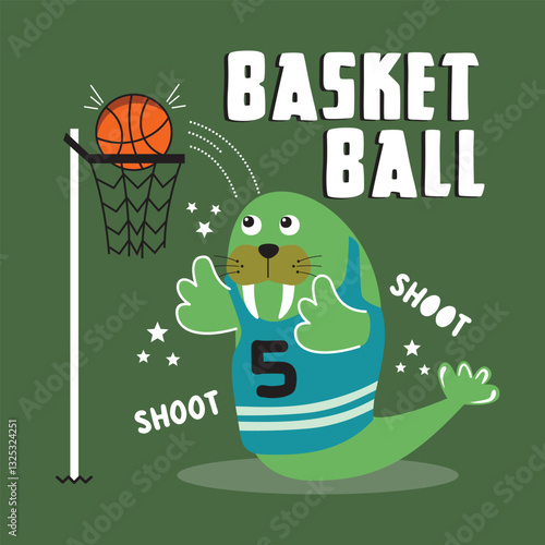 Cartoon seal playing basketball wearing a sports jersey and making a shot into the hoop. Children's basketball sports illustration concept
