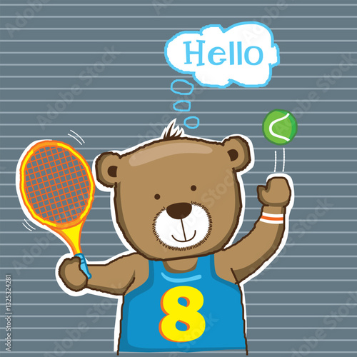 Cartoon bear playing tennis holding a racket and ball while wearing a sports jersey in a fun athletic scene. Children's tennis sports illustration concept
