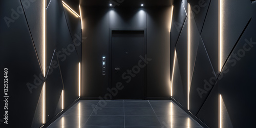 Matte Black Walls with Geometric LED Panels for Futuristic Interior