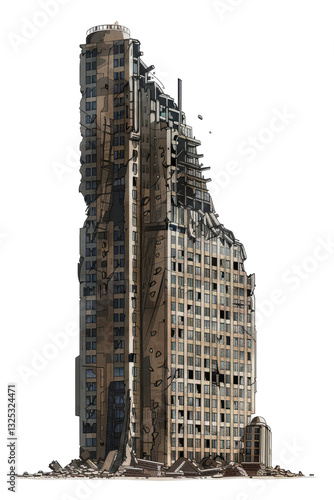 Damaged Building, Apocalypse Scene. Urban Decay Illustration, Crumbling Architecture On Transparent Background