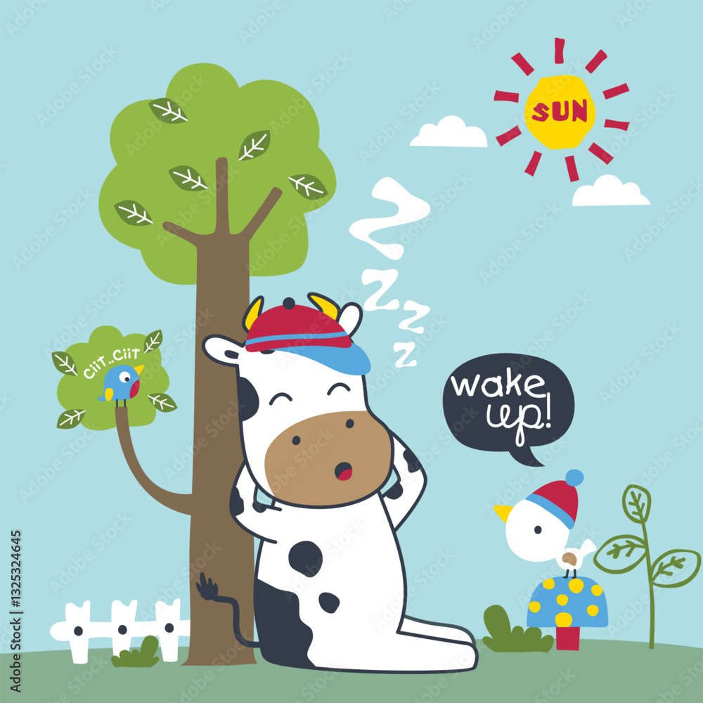 Naklejka premium Cartoon cow sleeping under a tree with a bird and chicken waking it up in a fun countryside scene. Children's farm animal illustration concept