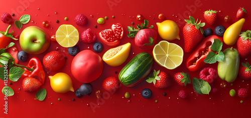 A Rainbow of Freshness: A vibrant assortment of fresh, colorful fruits and vegetables cascade across a bright surface, evoking a sense of health, vitality, and culinary inspiration.