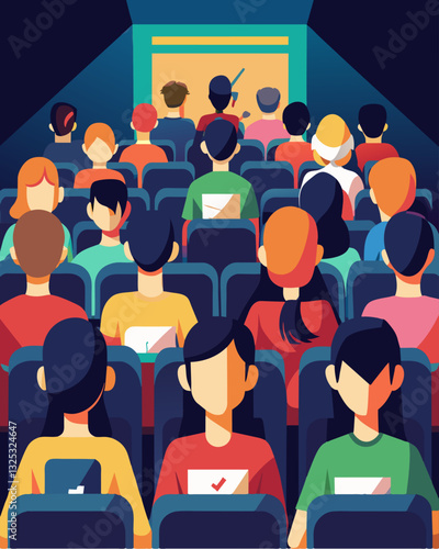 In a packed auditorium a group of teenagers sit nervously as they wait for the results of the coding olympiad to be announced. They hold onto each other for support knowing they. Vector illustration