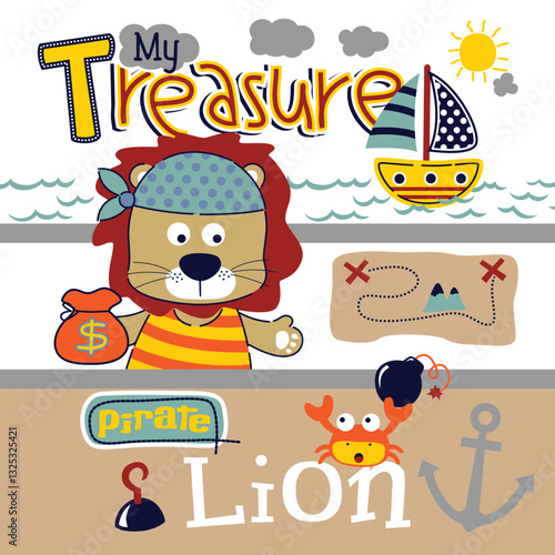 Cartoon lion dressed as a pirate holding treasure with a map, sailboat, and sea background. Children's pirate adventure illustration concept
