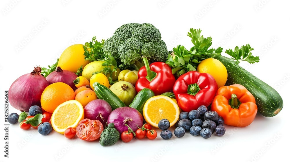 Assorted fruits and vegetables on white Assorted fruits and vegetables on white