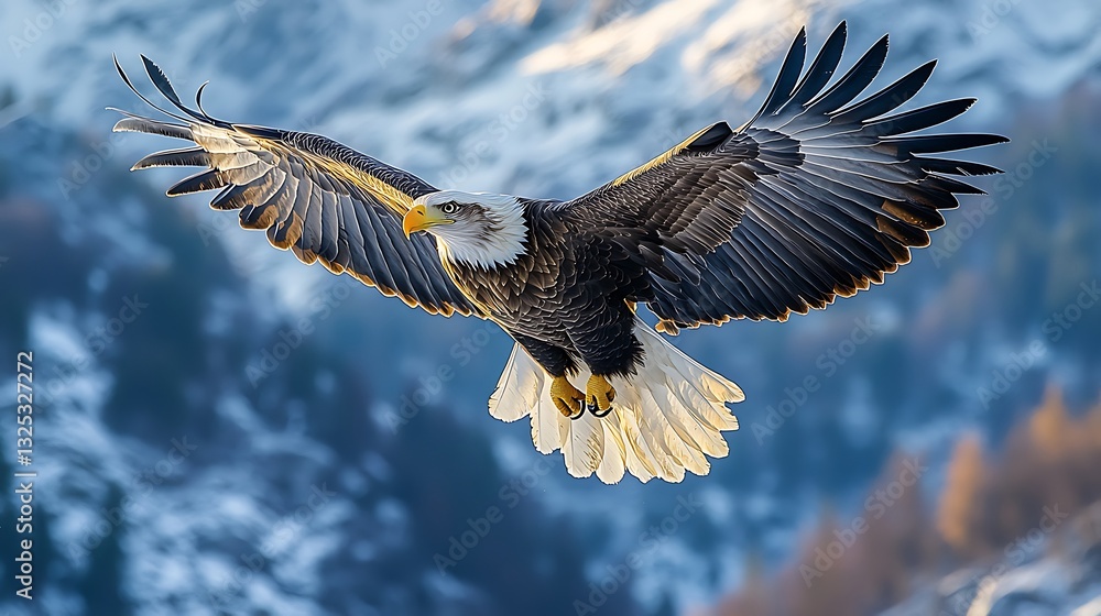 Fototapeta premium Majestic Bald Eagle in Flight Over Snowy Mountains