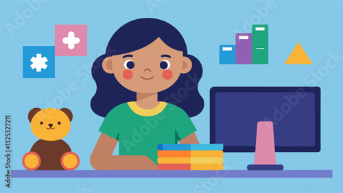 A young girl using her free time constructively by watching online tutorials and practicing basic SQL commands to build a simple but functional database of her favorite toys.. Vector illustration