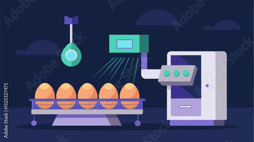 To ensure food safety the smart egg collection system includes a builtin UV light sanitizer that disinfects the eggs before they are packaged and sent to market.. Vector illustration