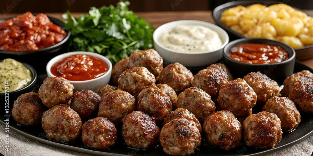 Meatball Party Spread with Various Meatball Dishes for Celebration Meatball Party Spread with Various Meatball Dishes for Celebration