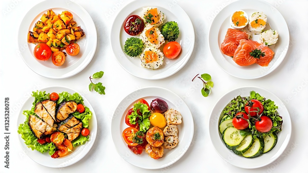 various plates of food isolated on white various plates of food isolated on white