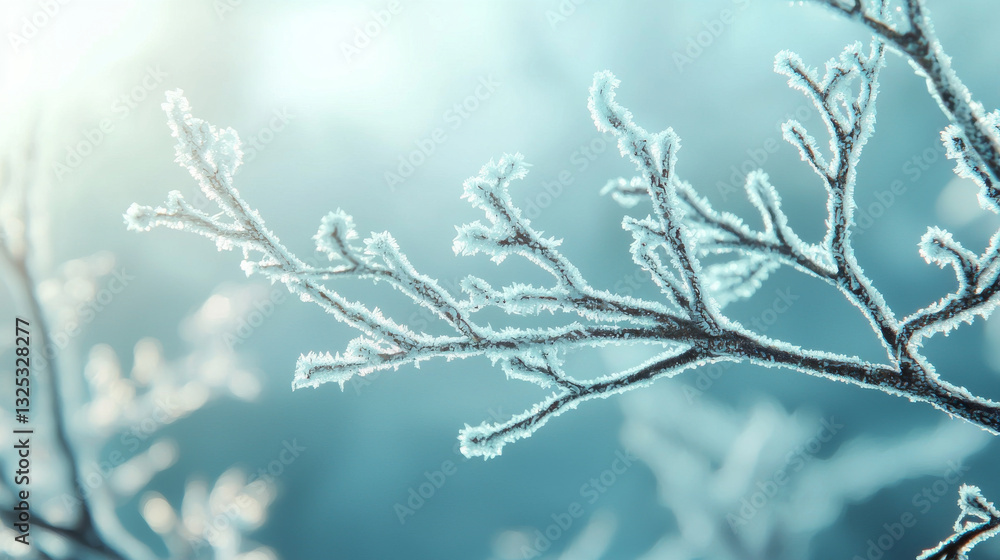Obraz premium Frosted branches glisten in soft light, showcasing nature beauty in winter