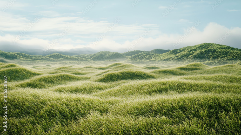 Lush grassland rolling under soft morning light, creating serene landscape Lush grassland rolling under soft morning light, creating serene landscape