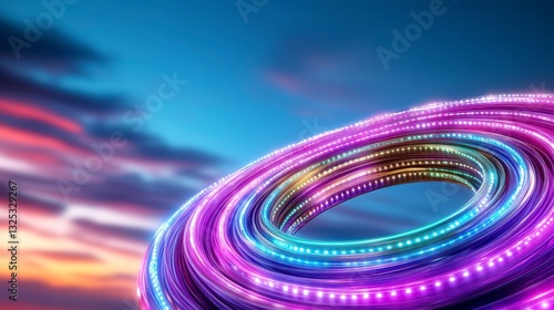 Vibrant Neon Light Spiral Against Colorful Twilight Sky