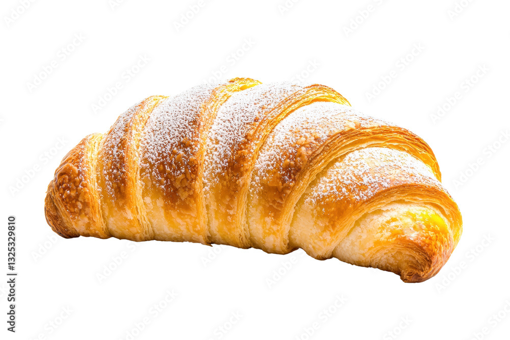 A golden, flaky croissant dusted with powdered sugar, showcasing its buttery layers and inviting texture. A golden, flaky croissant dusted with powdered sugar, showcasing its buttery layers and inviting texture.