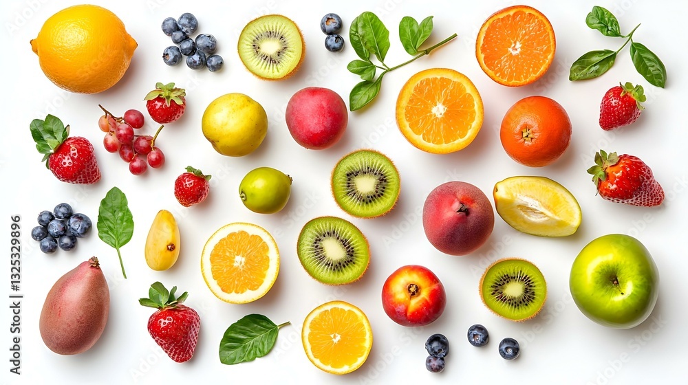 Overhead view of variety of fruits on white Overhead view of variety of fruits on white
