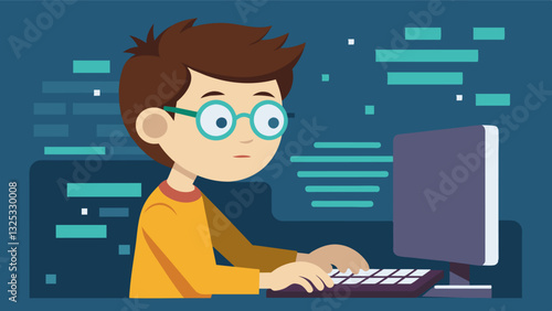 Fingers flying across the keyboard a boy in glasses stares intently at the code on the screen in front of him.. Vector illustration