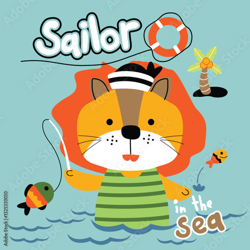 Cartoon lion dressed as a sailor fishing in the sea with a life preserver and tropical background. Children's nautical adventure illustration concept
