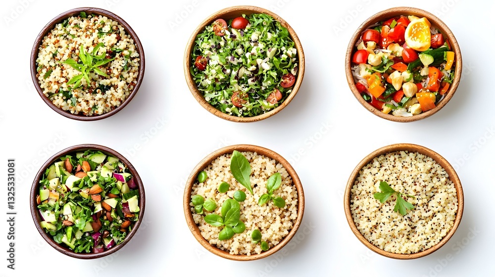 Set of healthy quinoa dishes isolated on white Set of healthy quinoa dishes isolated on white