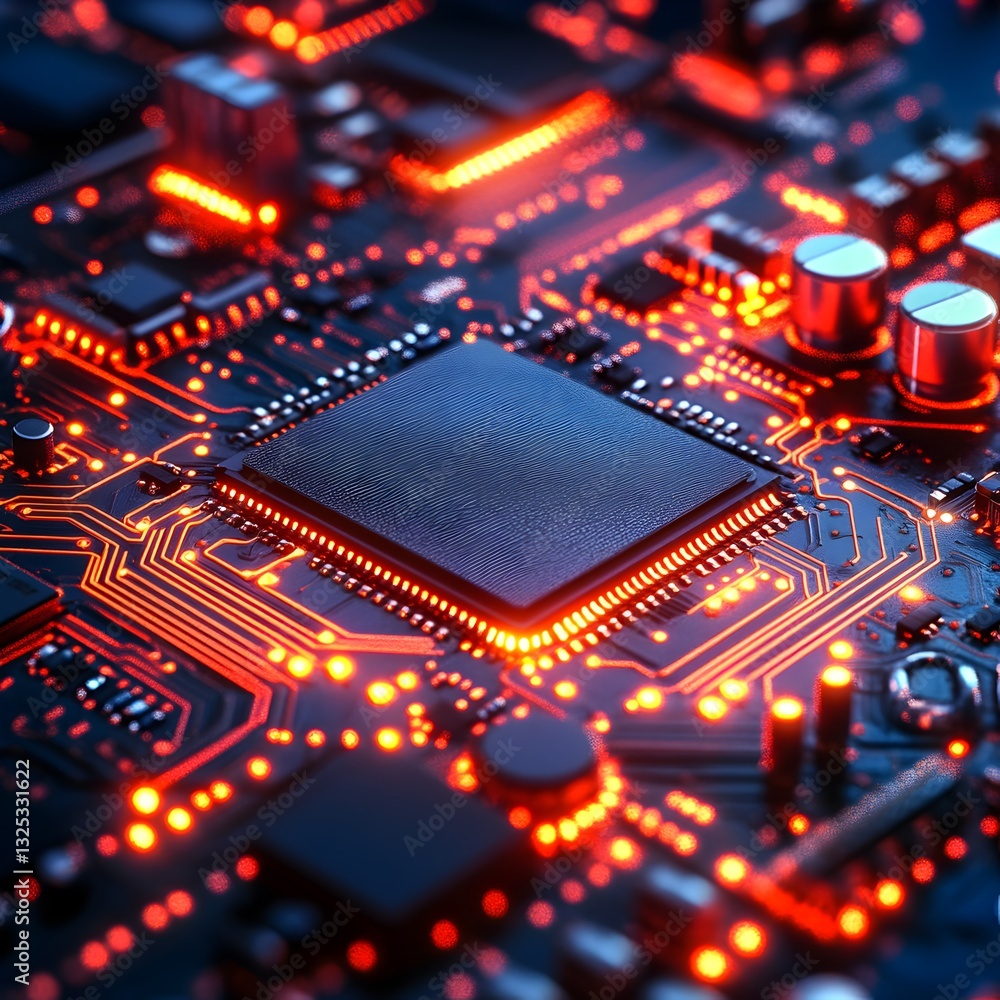Close-up view of a circuit board with illuminated red light, symbolizing advanced technology and electronic systems Close-up view of a circuit board with illuminated red light, symbolizing advanced technology and electronic systems