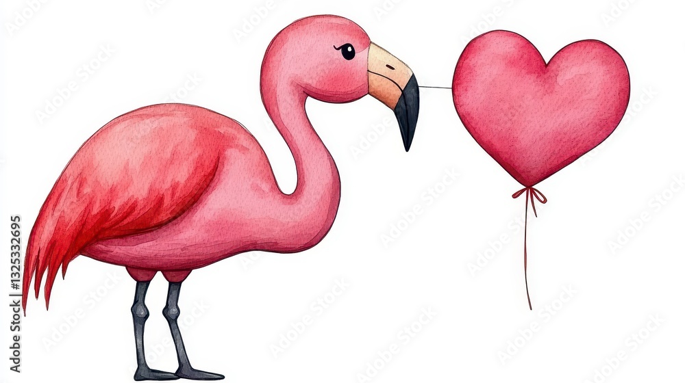 Obraz premium Pink Flamingo Holding Heart Balloon in Whimsical Style Illustration