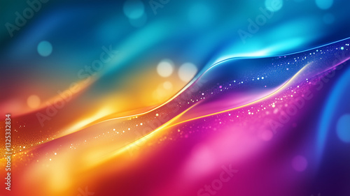 Colorful fluid waves with glowing sparkles, dreamy abstract motion background in blue, pink, and gold, futuristic light aesthetics, ideal for digital art, design, and creative projects. photo