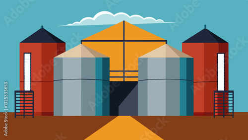 The wide openings of the silos once used to load and unload grains now remain closed and unused.. Vector illustration