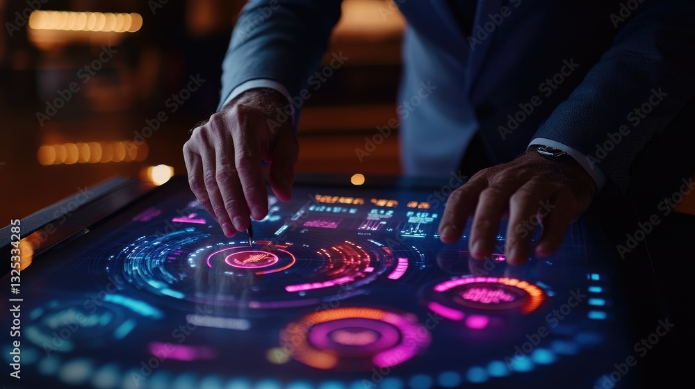 Naklejka premium A person manipulates a glowing interactive computer interface screen