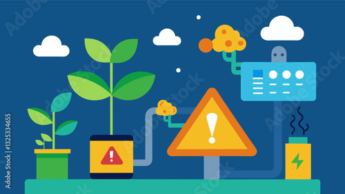 Warnings and alerts are sent to operators if CO2 levels reach dangerous levels preventing potential harm to plants and ensuring their safety.. Vector illustration