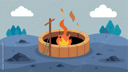 The smoldering embers of a fire pit lay next to the well evidence of the desperate attempts to dig deeper in search of water.. Vector illustration