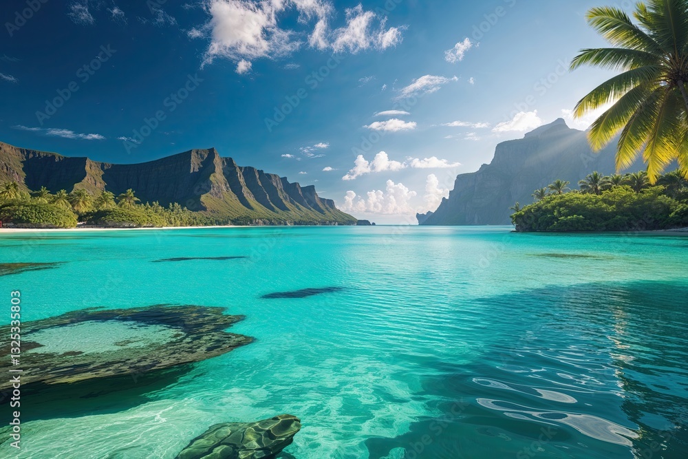 Fototapeta premium Stunning Midday Lagoon View with Sparkling Turquoise Waters and Bright Blue Sky